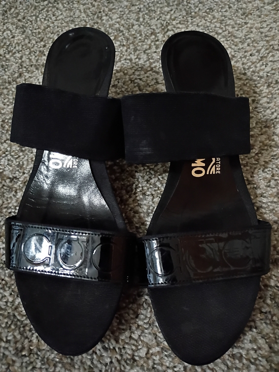 Salvatore Ferragamo Shoes - Woman's Salvatore Ferragamo Black Double Strap Slide Sandals Gancini Embossed. 6